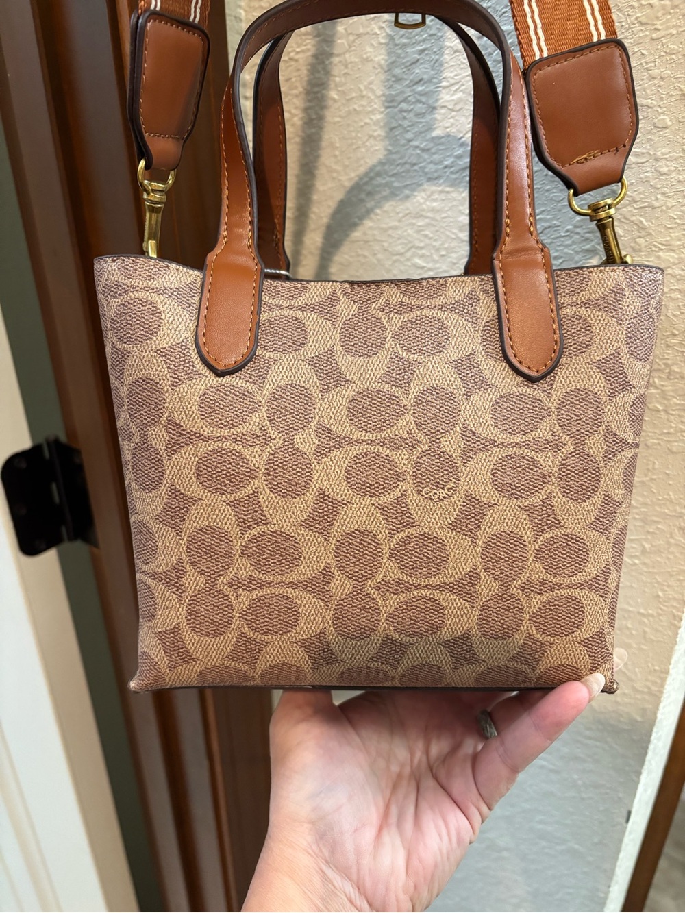 Coach Brown Signature Peanuts Mini Tote with Chestnut Trim - Picture 4 of 8